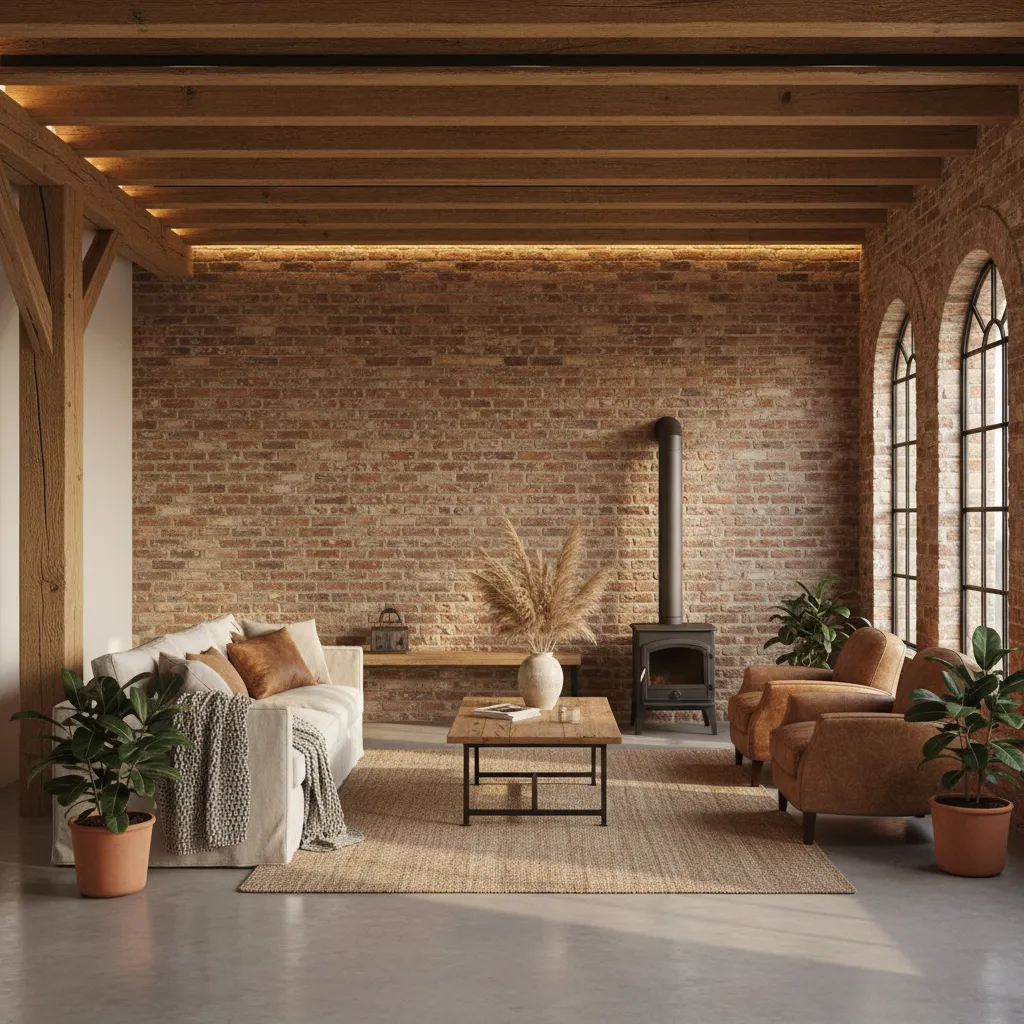 Interior rústico con madera natural, ladrillo visto y suelo de hormigón pulido