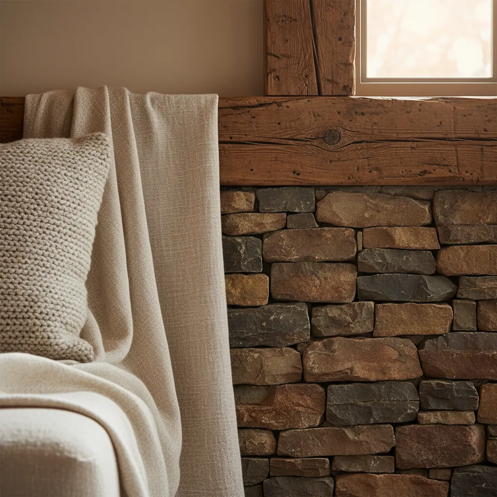 Detalle de materiales rústicos como madera maciza, piedra natural y textiles de lino