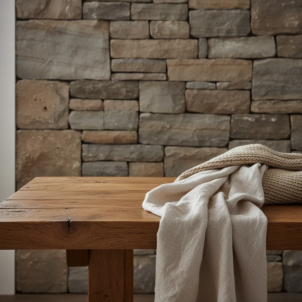 Detalle de materiales rústicos como madera maciza y piedra natural
