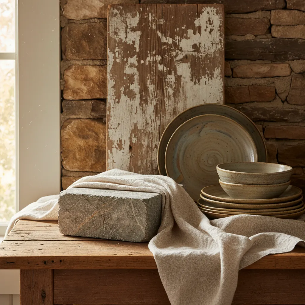 Detalle de materiales rústicos como madera, cerámica y lino