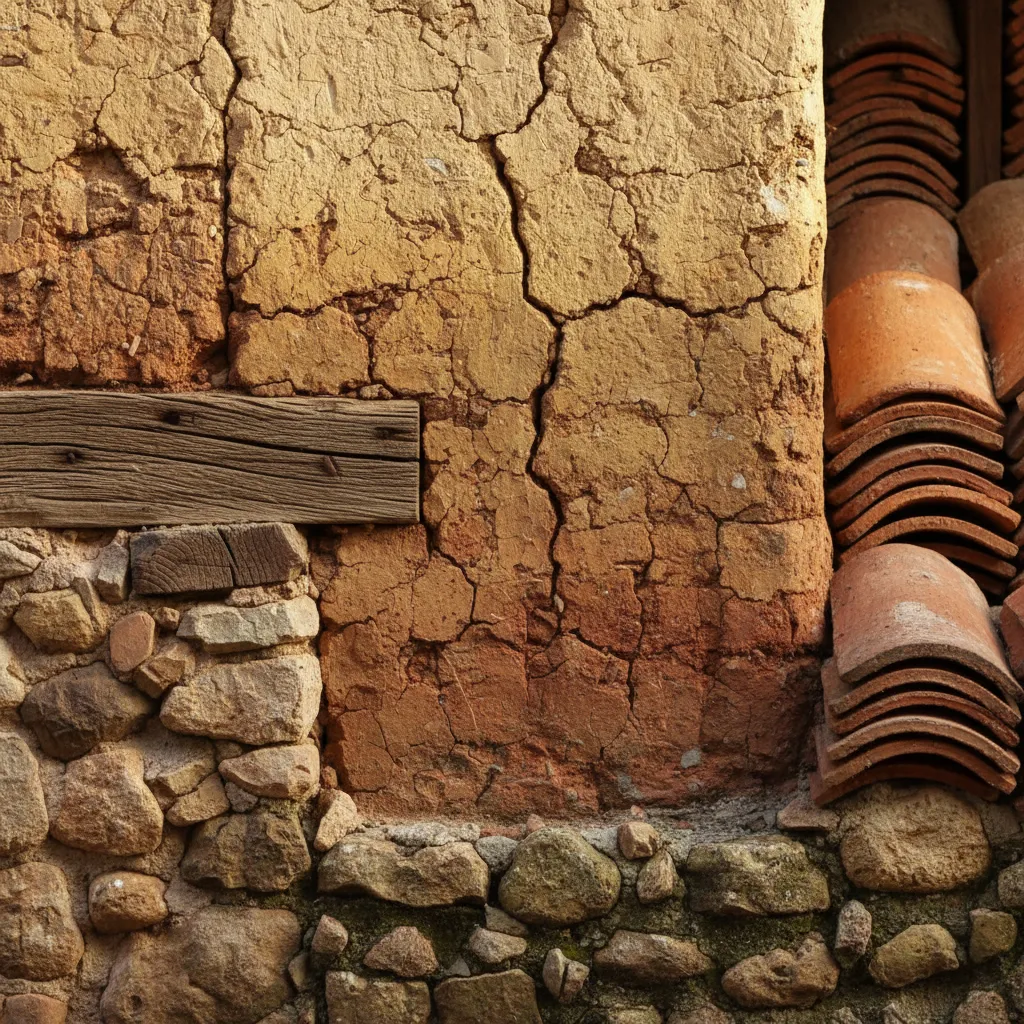 Detalle de materiales tradicionales como barro, madera y piedra en arquitectura mexicana