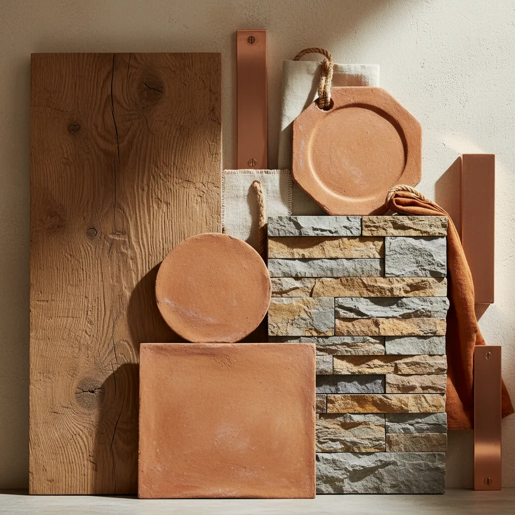 Selection of natural building materials including wood planks stone bricks and clay tiles for design