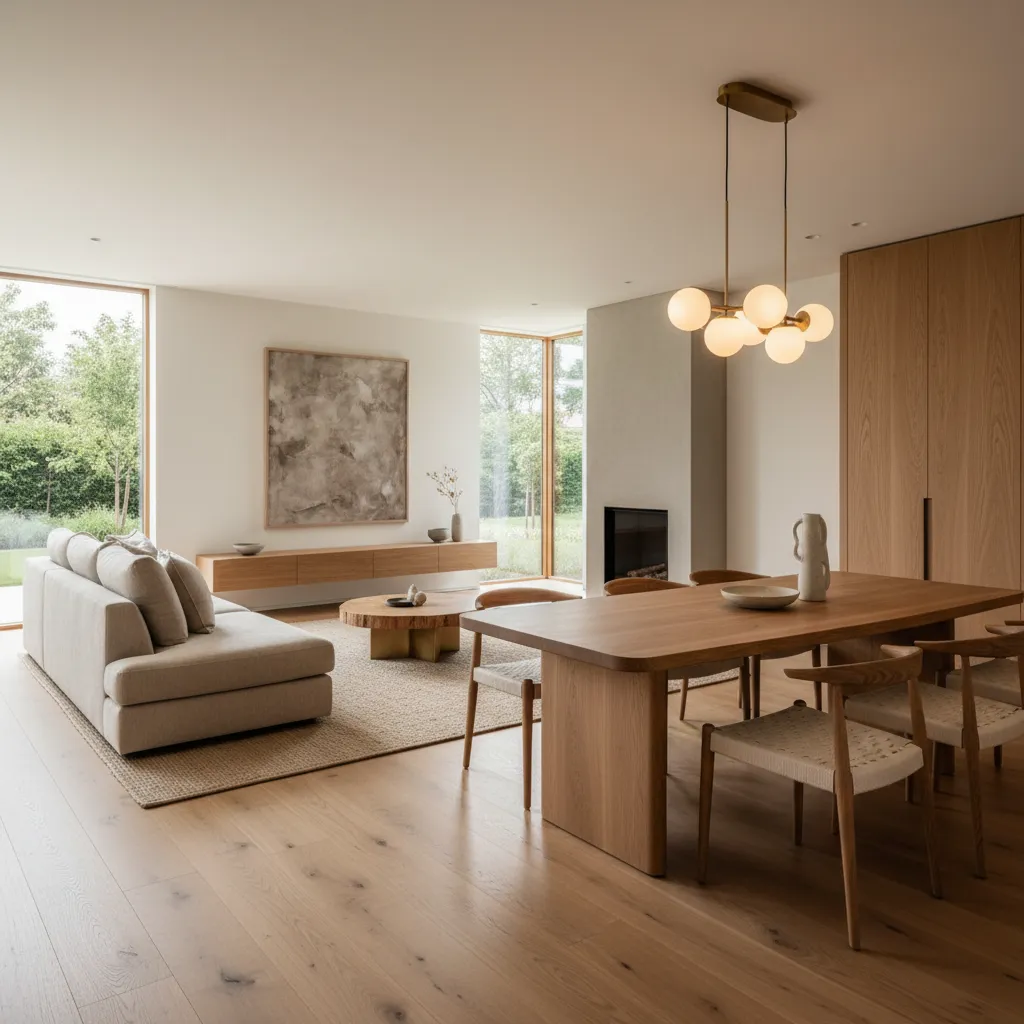Minimalist living room with wooden table, beige sofa, globe ceiling light, fireplace, and wood floor
