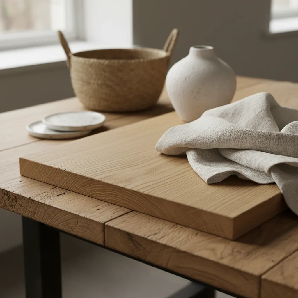 Detalle de materiales sostenibles como madera natural, lino y cerámica en interiorismo