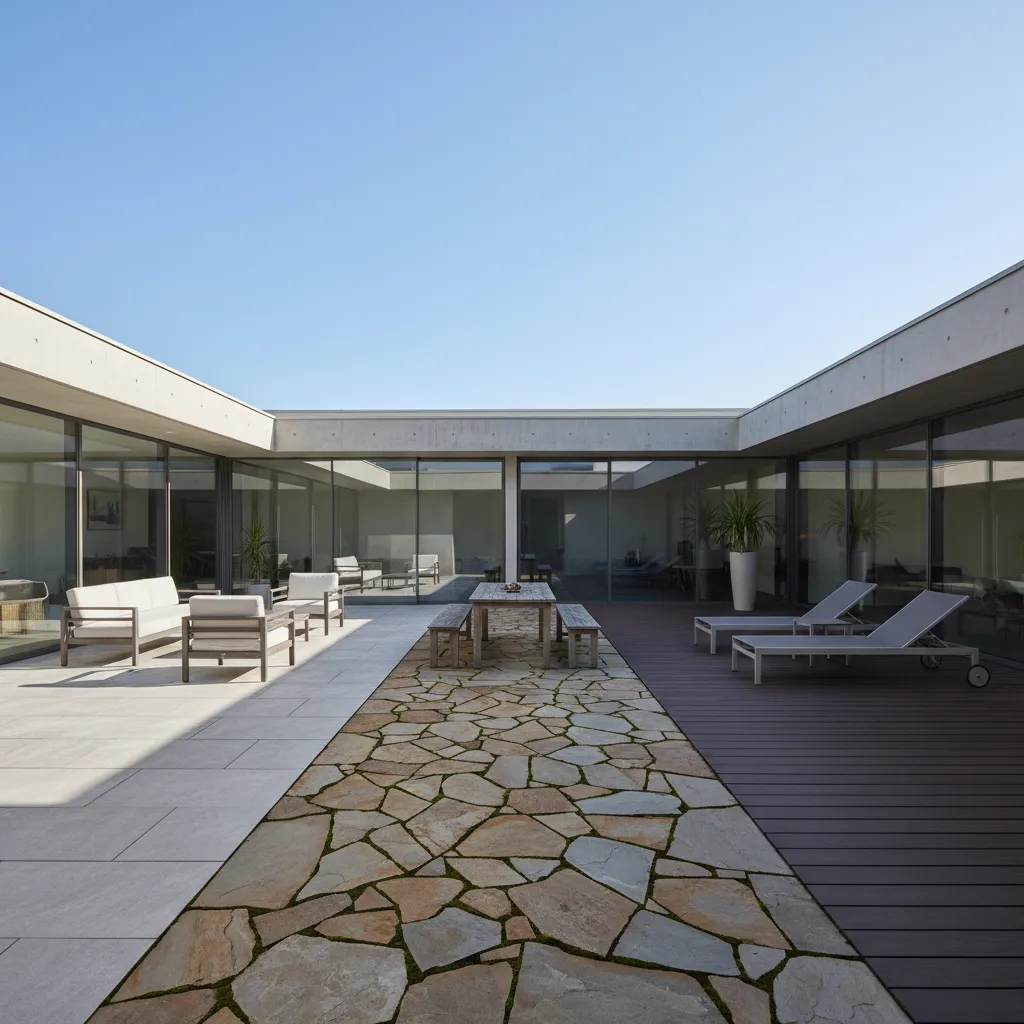 Modern outdoor courtyard design featuring stone paths wooden flooring grey tiles and comfortable white chairs