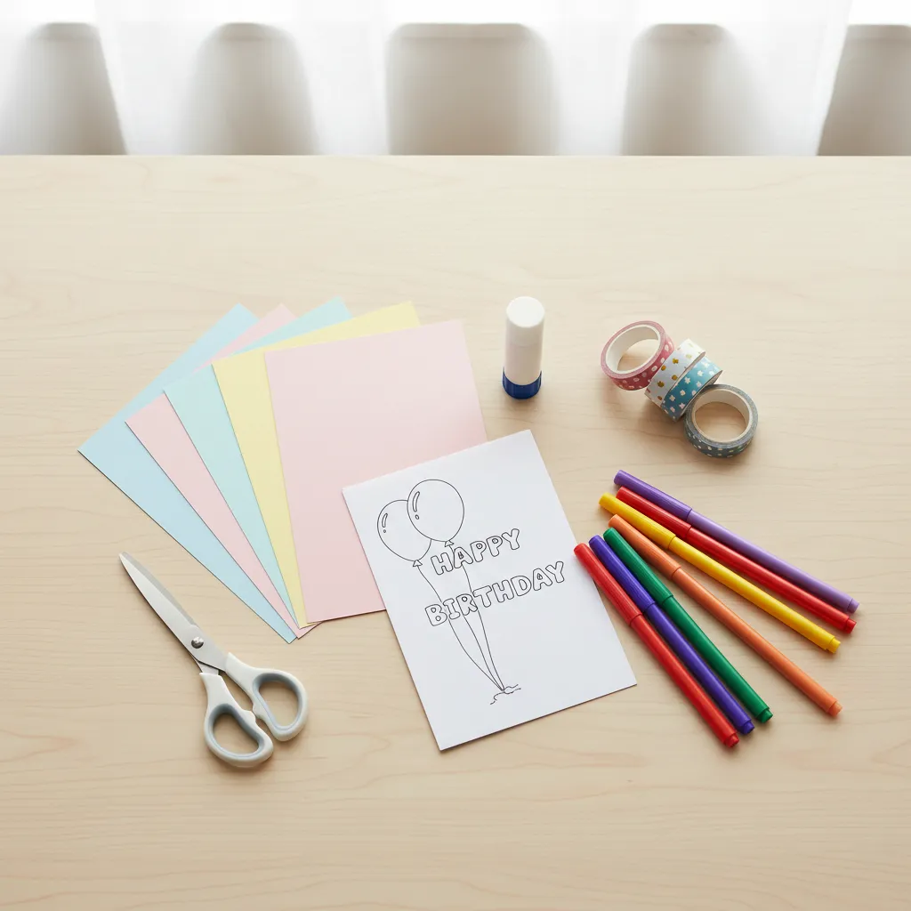 Materiales para hacer tarjetas de cumpleaños como cartulina, tijeras, pegamento y rotuladores