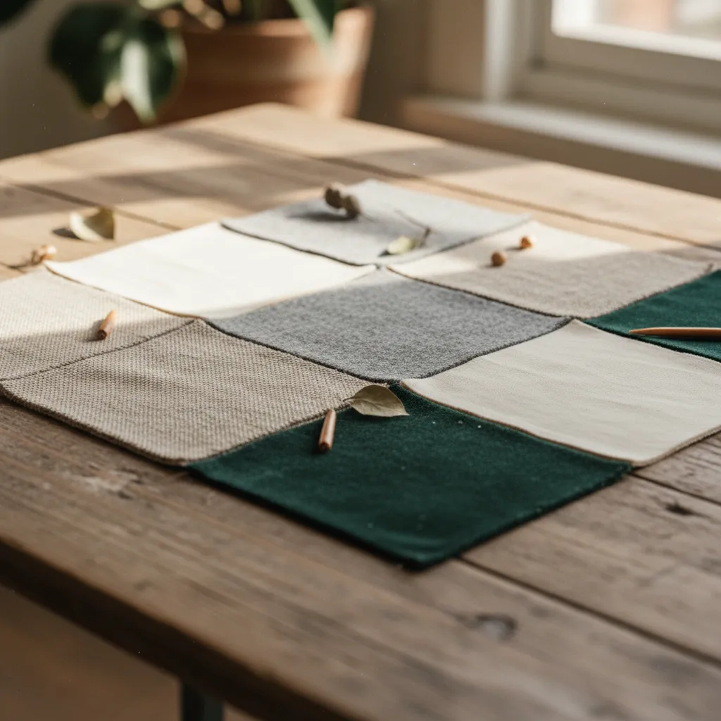 Various fabric material swatches in neutral and green colors arranged on a rustic wooden dining table