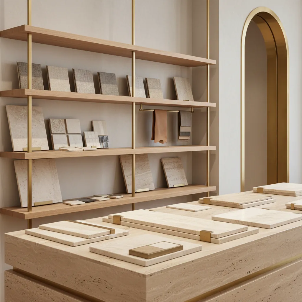 Detalle de materiales elegantes como madera, piedra y metal en una tienda