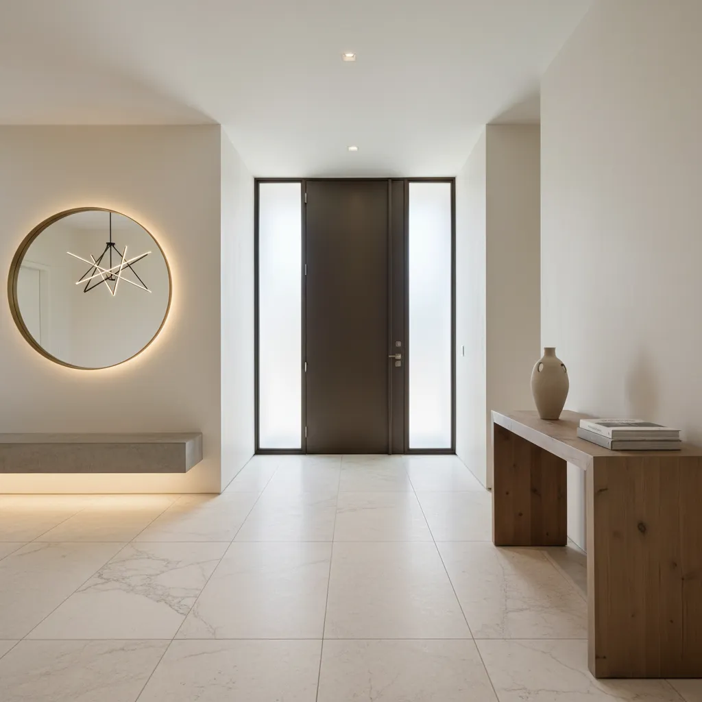 Suelo resistente de porcelánico en un vestíbulo de casa moderna