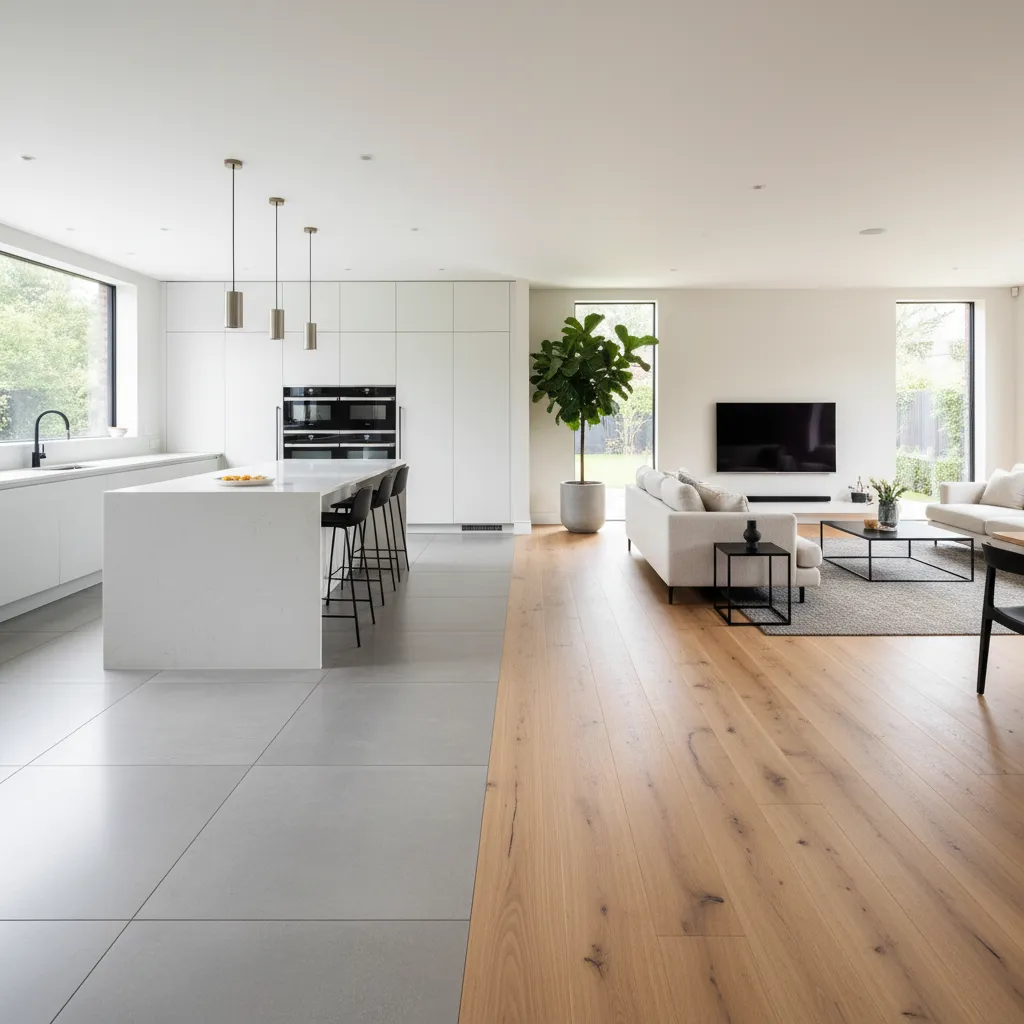 Modern open kitchen and living room with white island grey tiles wood floor large plant