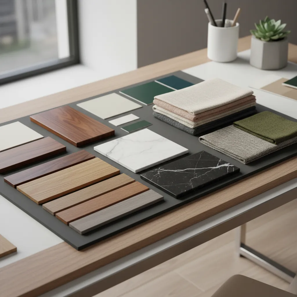 Wood samples fabric pieces and stone tiles placed on a dark table for interior design