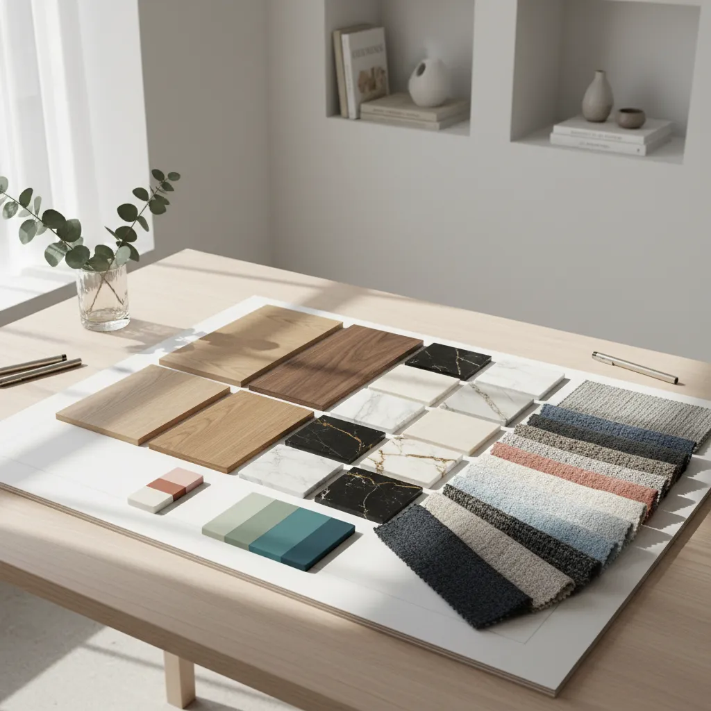 Muestras de madera, tela y paleta de colores para diseño interior