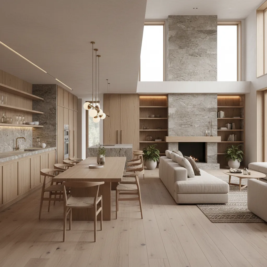wood and stone materials connecting kitchen and living room design