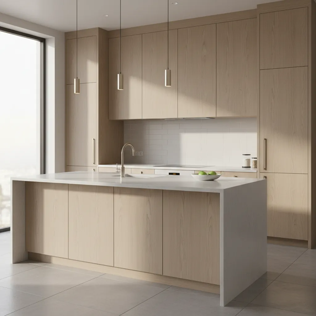 Light colored materials reflecting morning sunlight in a modern kitchen