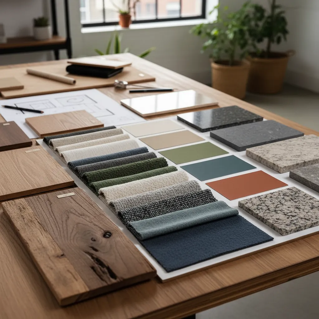 Panel de materiales con madera, telas y acabados para interiores