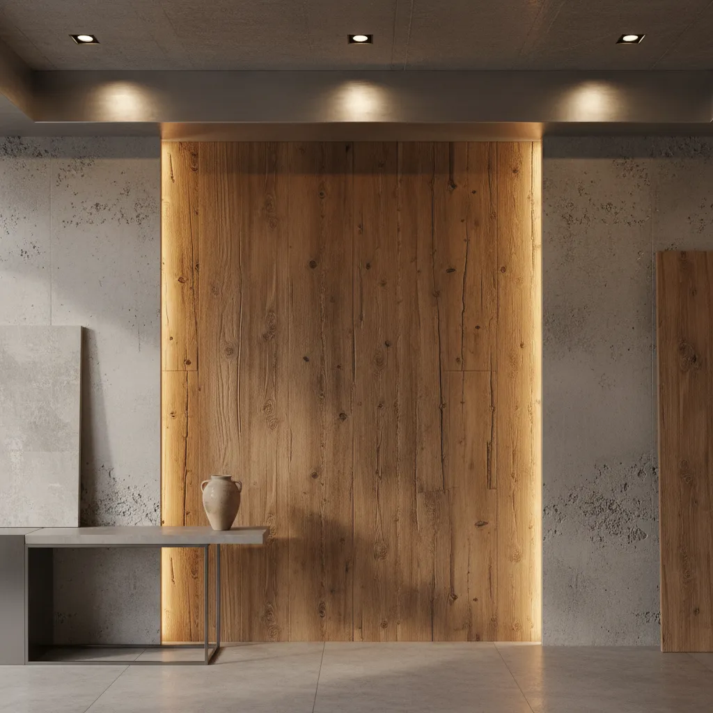 Detalle de interior con madera natural y hormigón visto