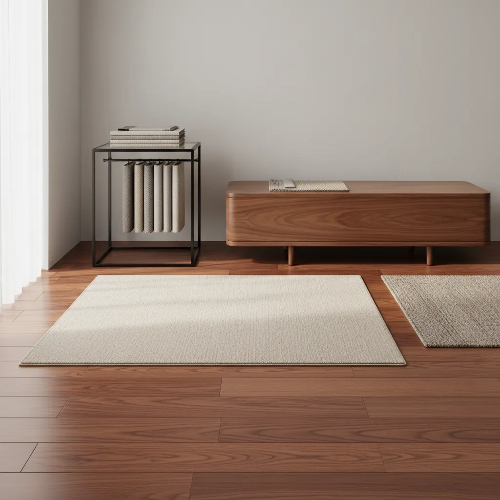 Interior materials like linen, walnut, and black metal paired with cherry wood floors