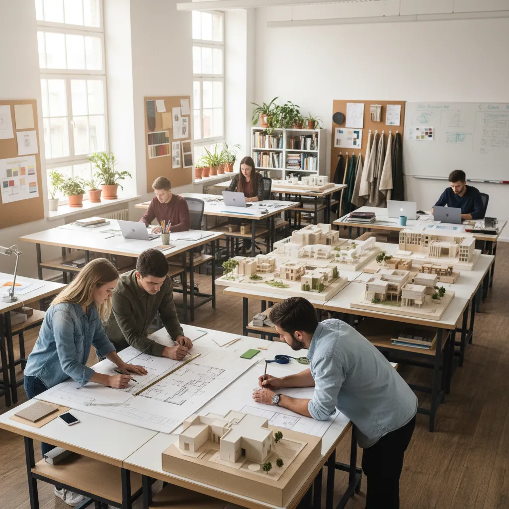 Estudiantes de diseño de interiores trabajando en planos y maquetas