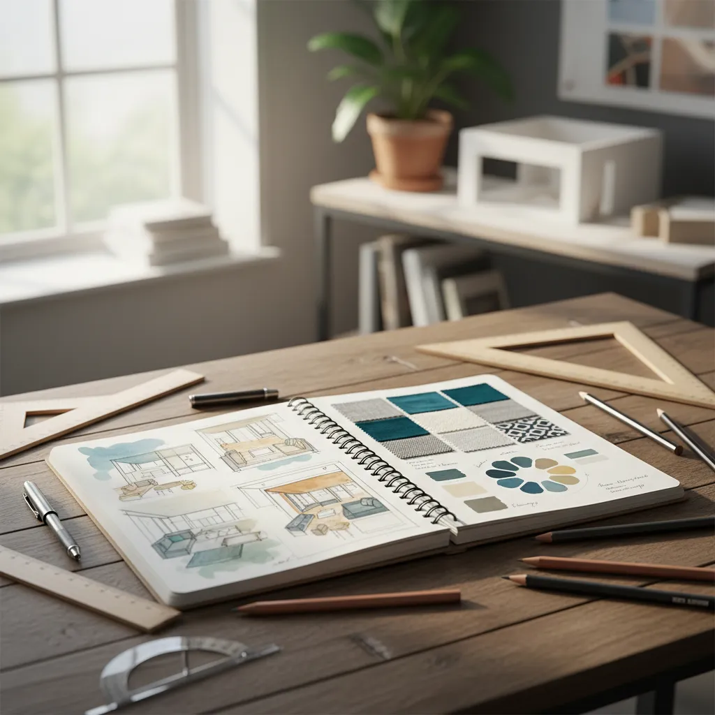bocetos y muestras de materiales en una mesa de trabajo de diseño de interiores