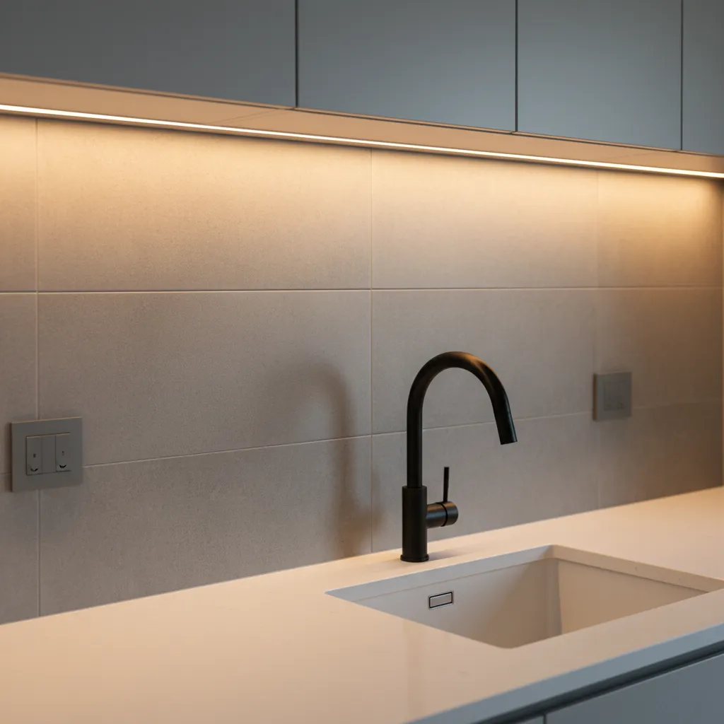 matte finish ash kitchen wall tiles under warm lighting