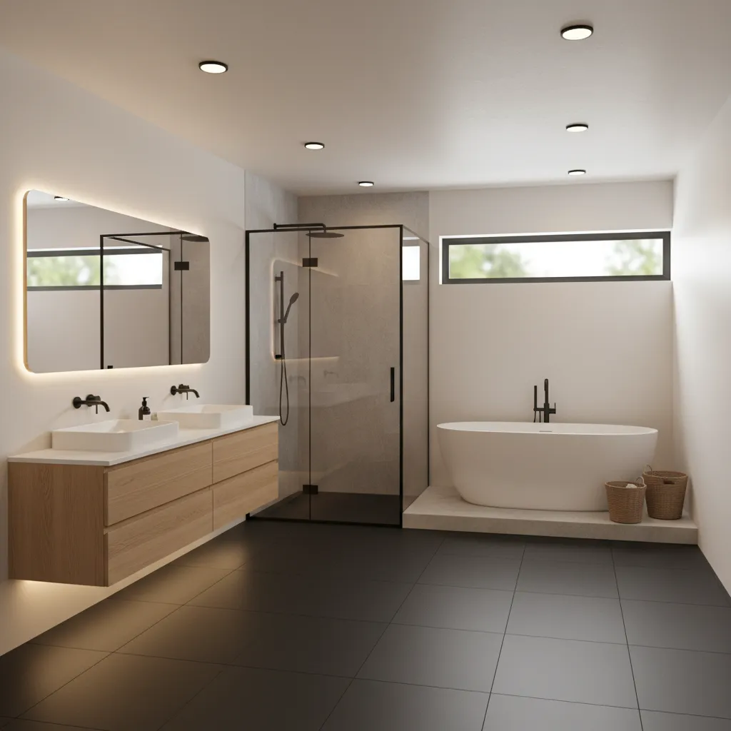 Modern bathroom featuring matte black floor tiles that reduce visible dust