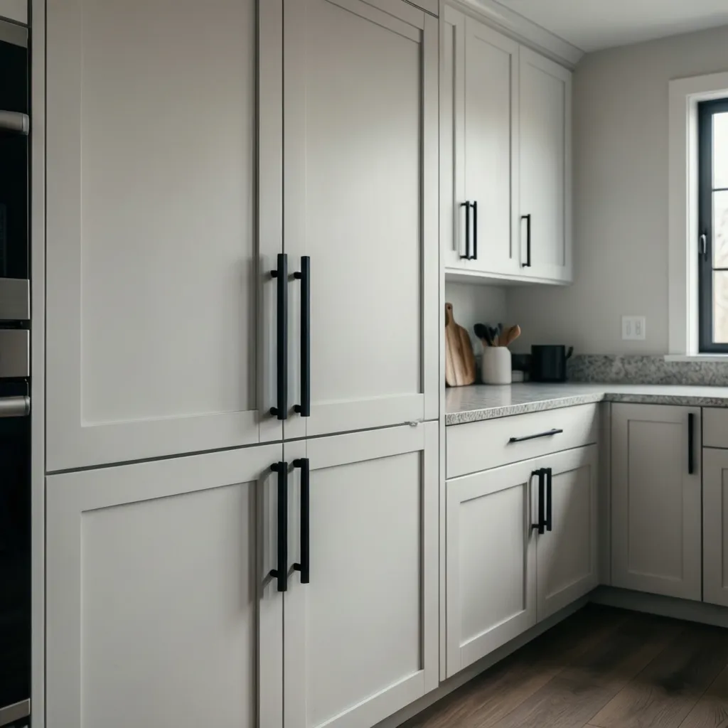 close view of matte black cabinet handles on white kitchen cabinets