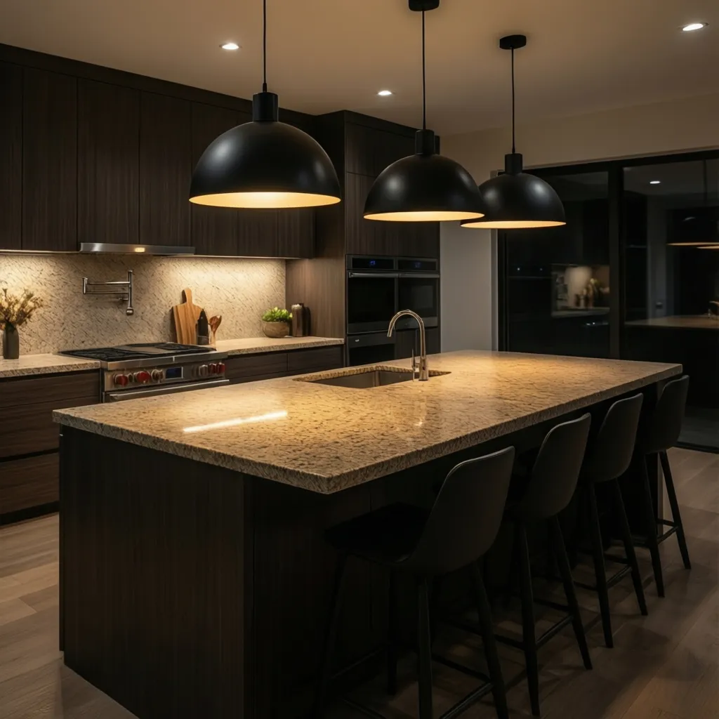 Matte black metal pendant lights focused over kitchen island workspace