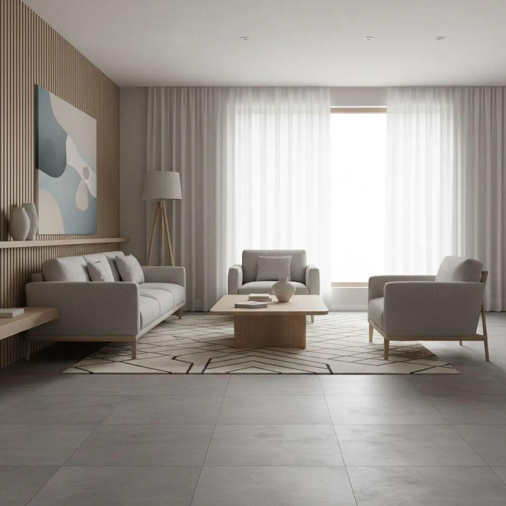 Modern living room with matte concrete look tile flooring