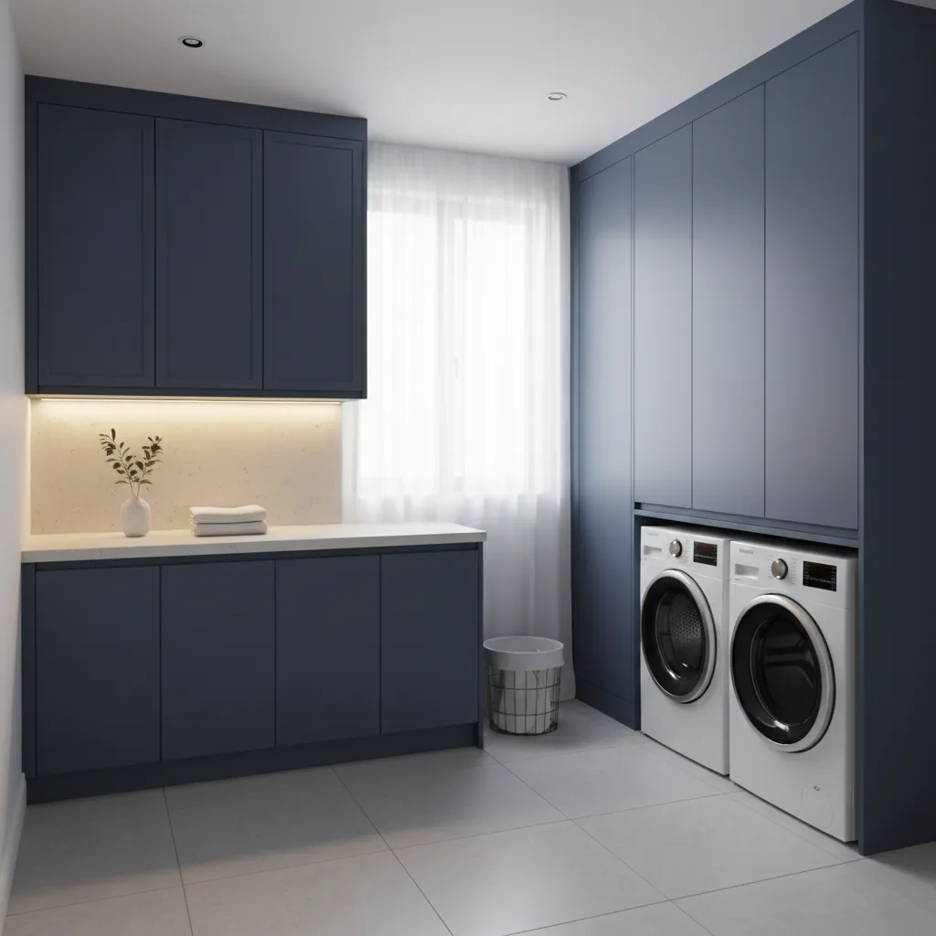 Laundry room with matte finish cabinets and soft lighting
