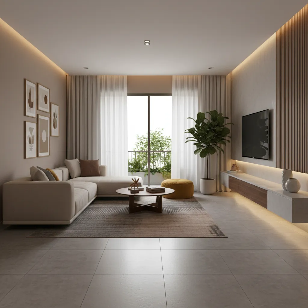 Matte finish stone texture tiles in modern family living room
