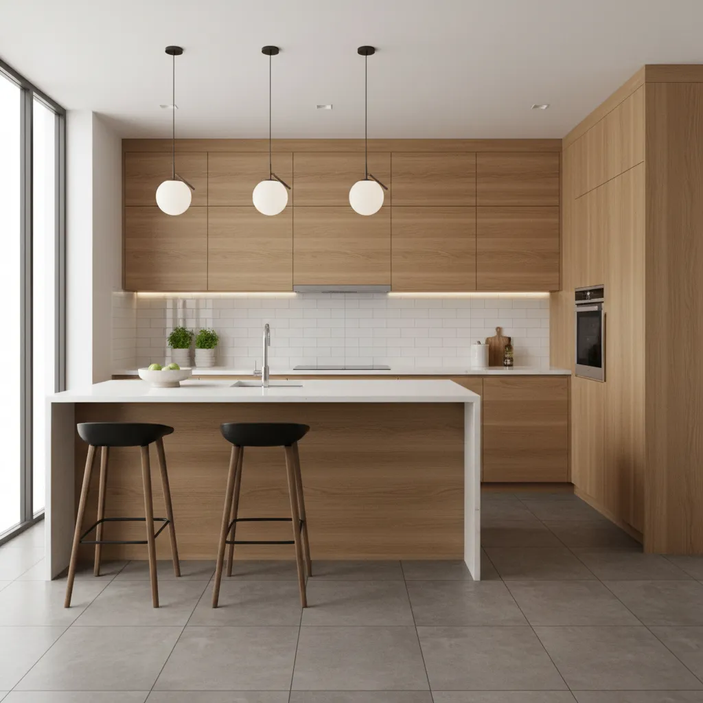 kitchen with matte floor tiles and glossy subway backsplash