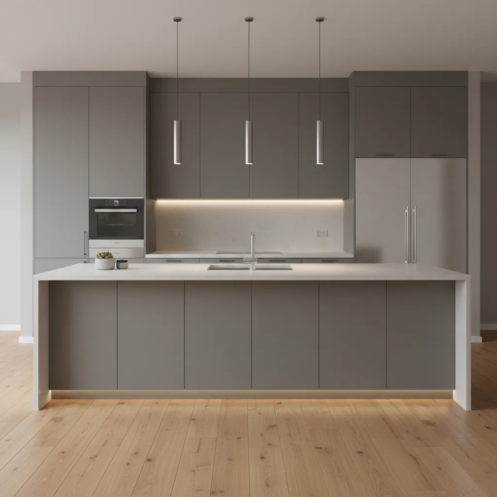 matte gray kitchen cabinets with stainless steel appliances