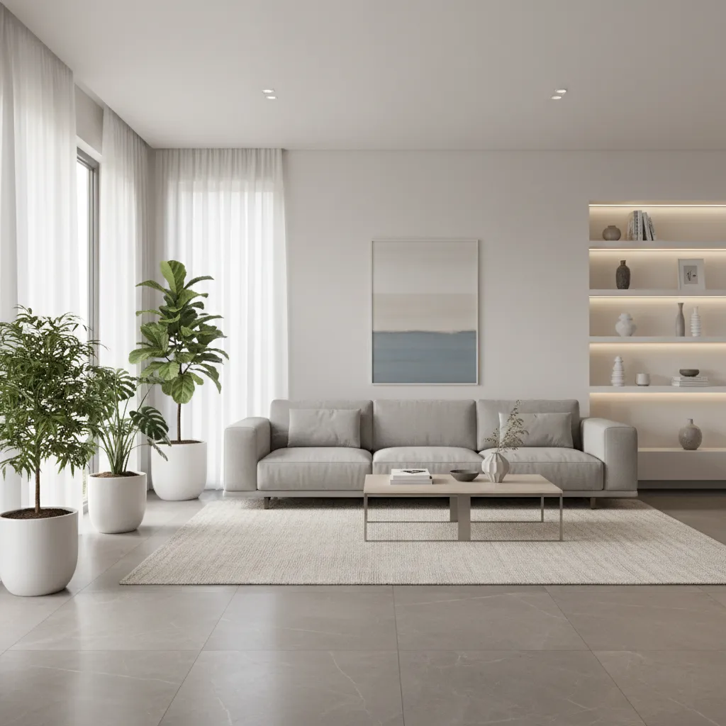 Matte marble-look vitrified tiles installed in a contemporary living room