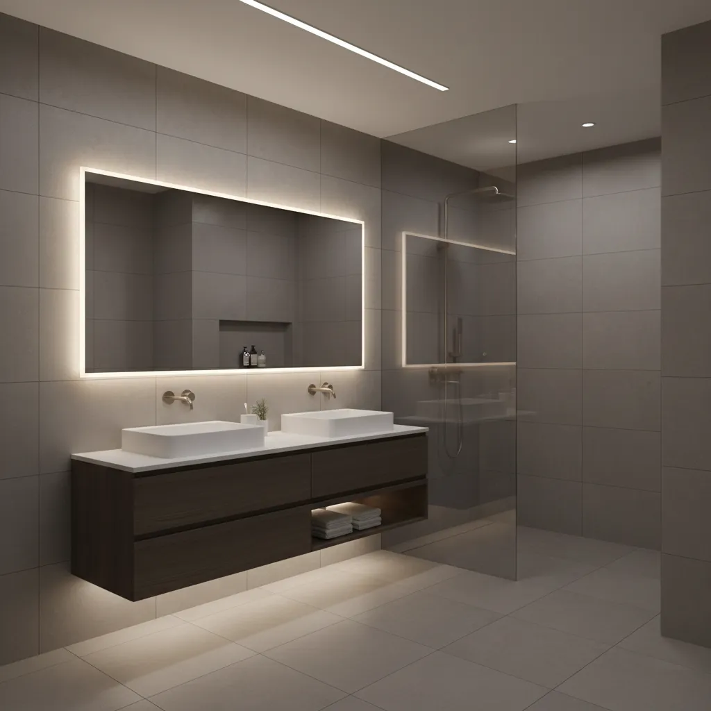 modern bathroom wall with matte porcelain tiles and soft lighting