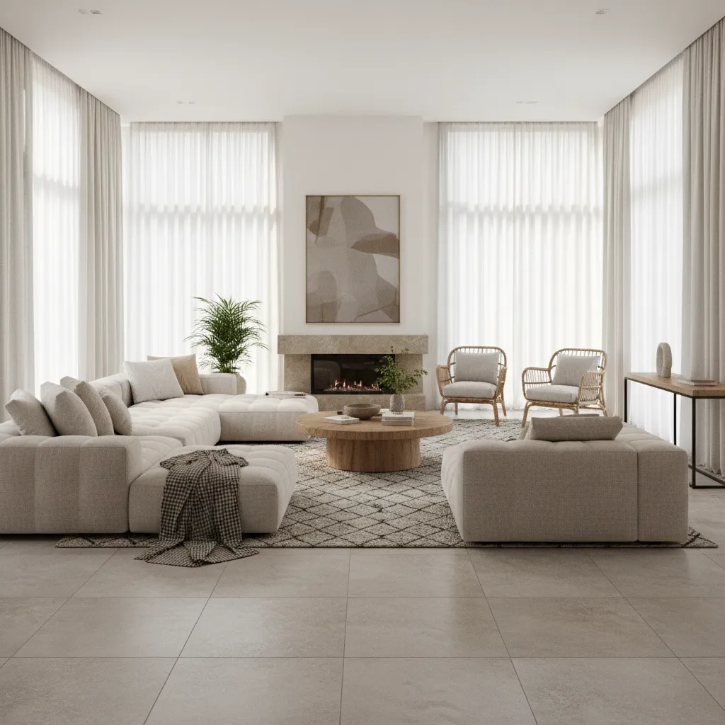 Living room with matte finish porcelain tiles and modern decor