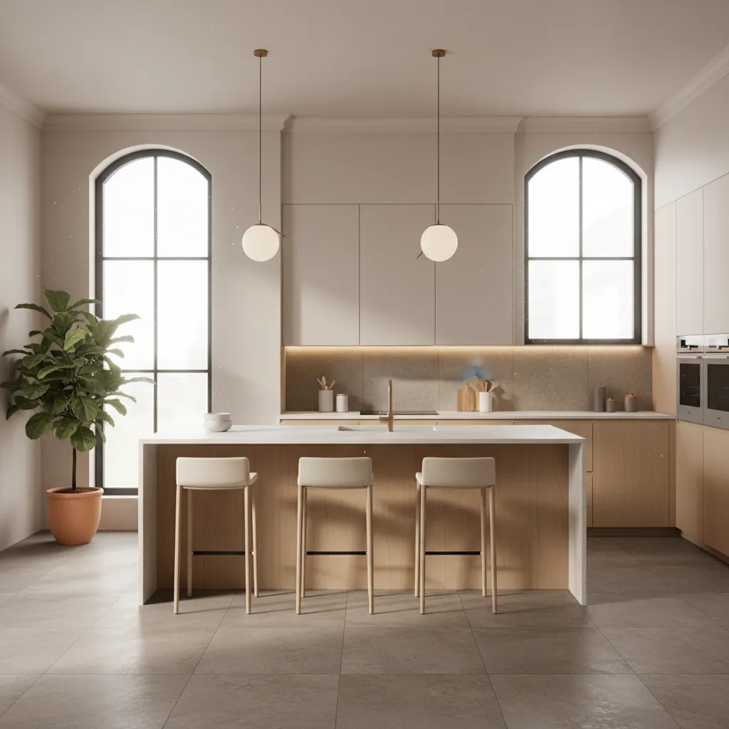 Modern kitchen with wooden island white stools beige floor tiles two ceiling lights and windows