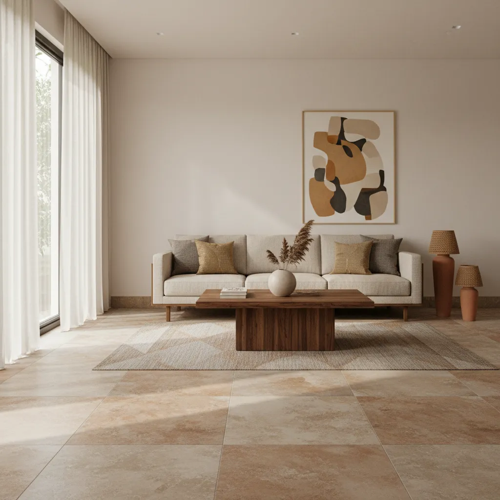 Matte stone finish floor tiles in a modern Indian living room