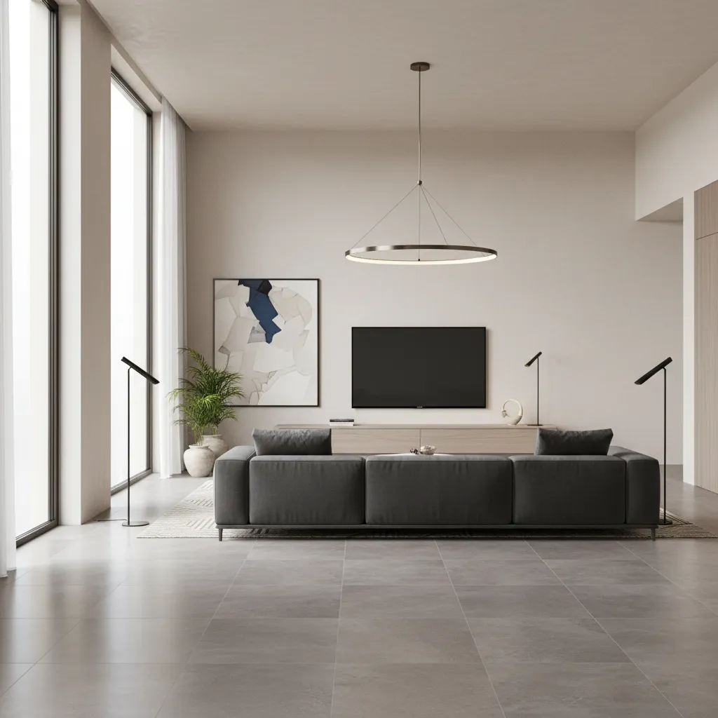 living hall with matte stone finish porcelain floor tiles