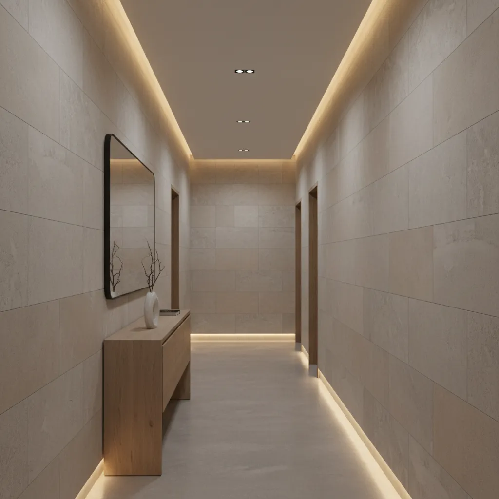 matte textured tiles on hallway wall with soft lighting