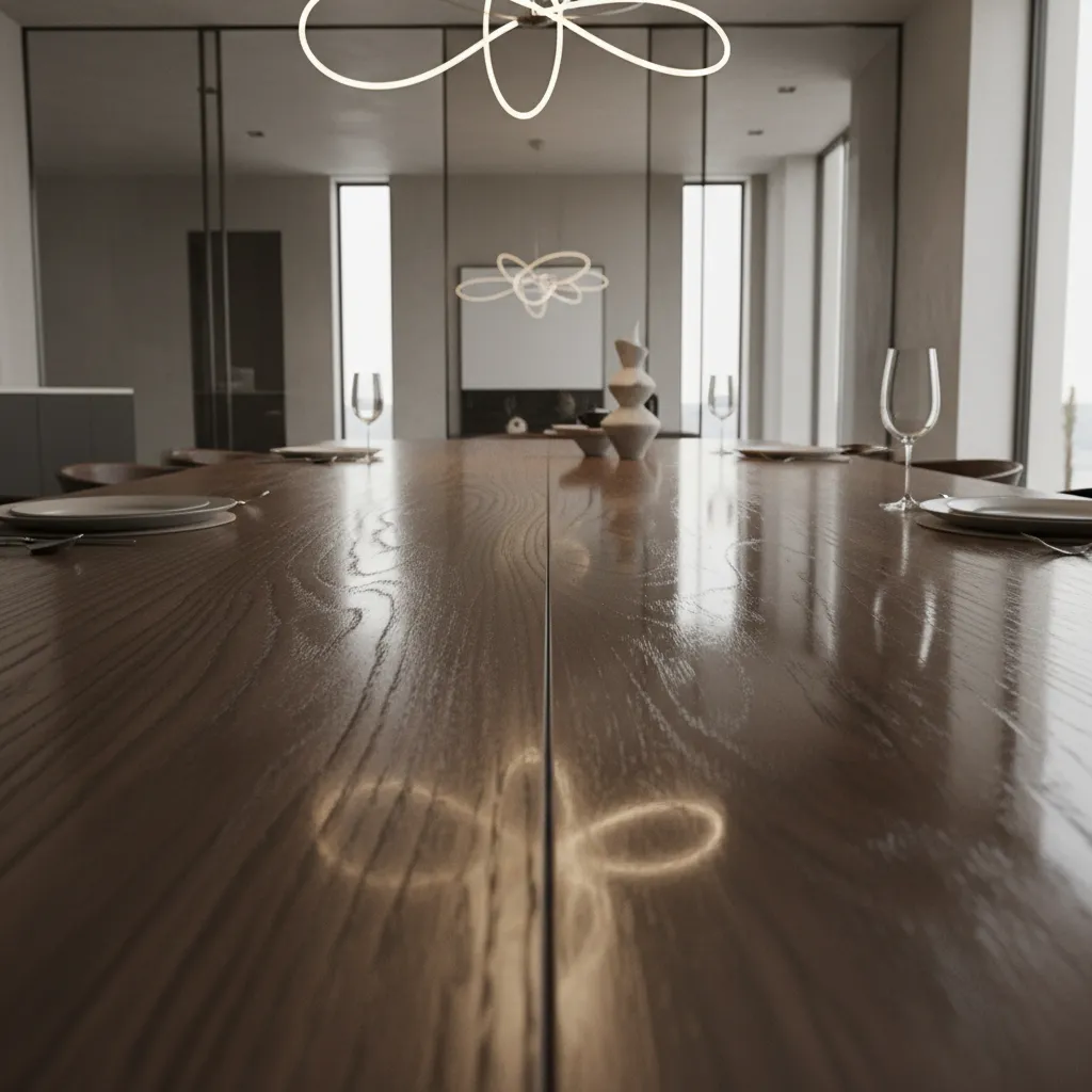 Dining table surface showing matte finish on one side and glossy finish reflection on the other