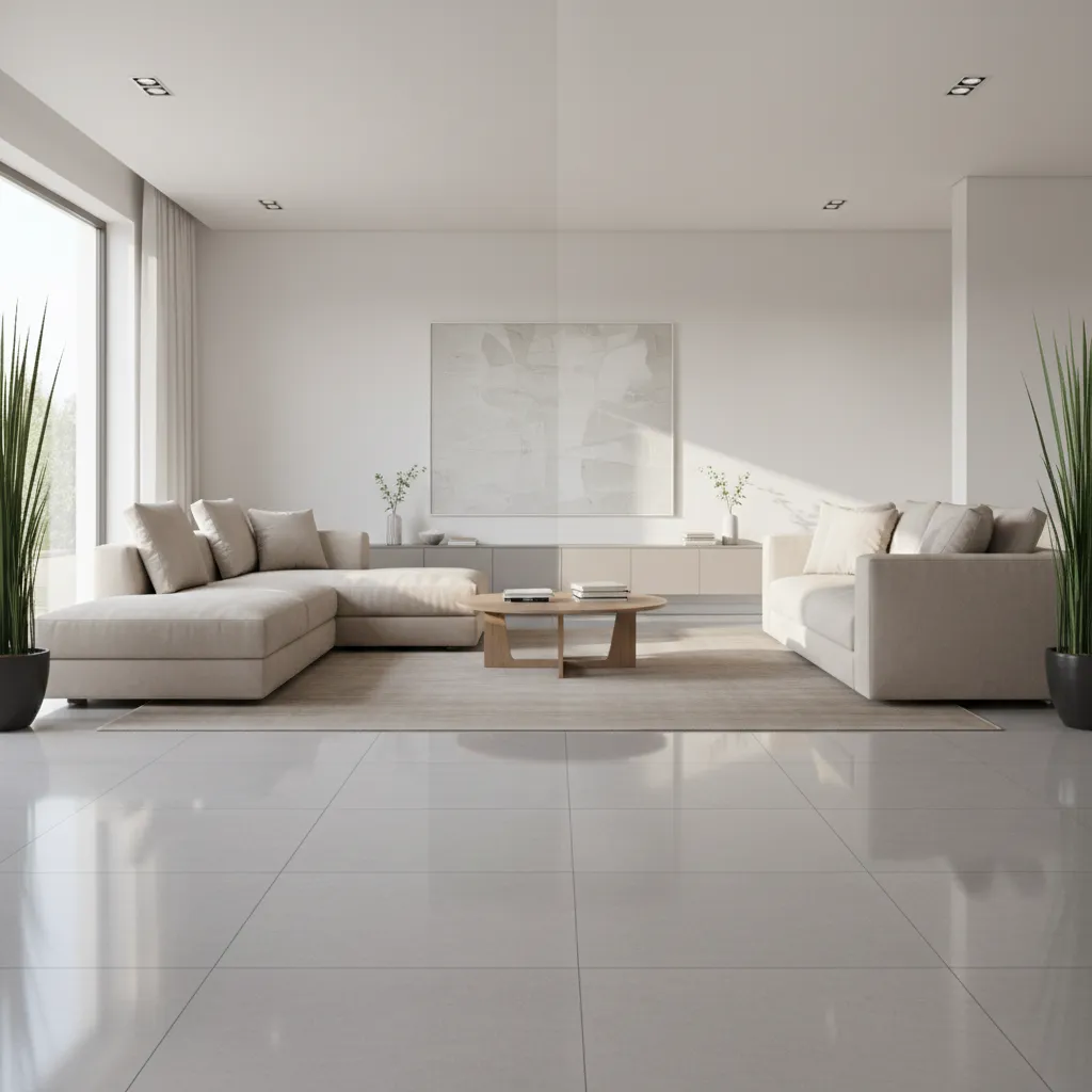 Comparison between matte and glossy ceramic floor tiles in a living room