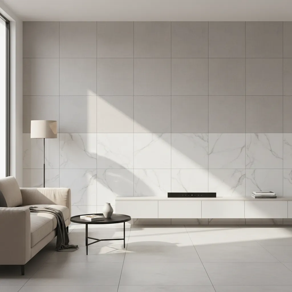 matte vs glossy tile sticker finishes on living room wall under natural light