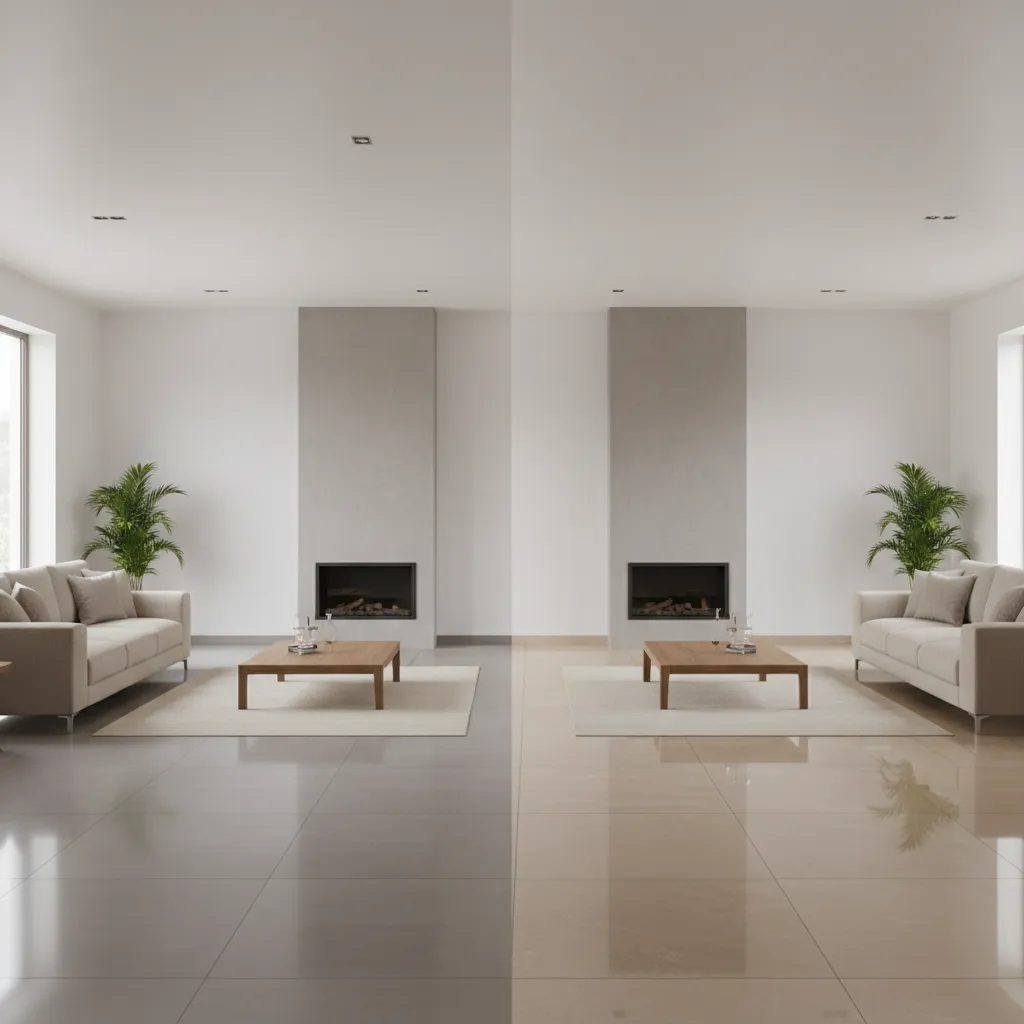 Comparison of matte and glossy vitrified floor tiles in a modern interior