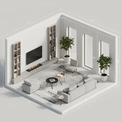 Coohom 3D interior design drawing of modern living room with grey sofa and white measurements
