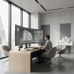 Man at desk using curved monitor showing 3D house model and interior design drawing layout
