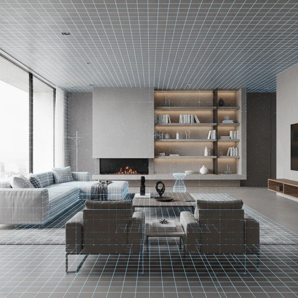 interior space visualized with point cloud data representing 3D scan measurements