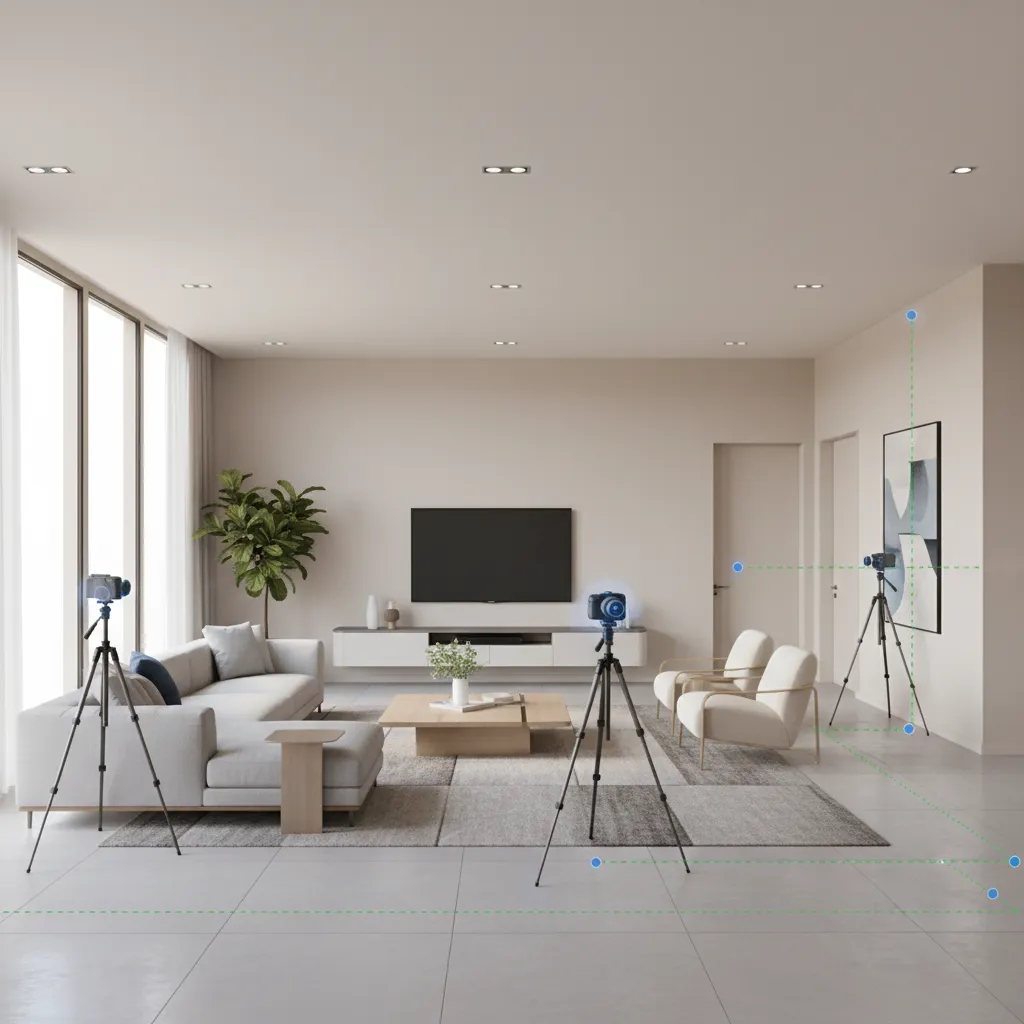 Multiple Matterport scan positions inside a living room demonstrating overlap for accurate floor plans