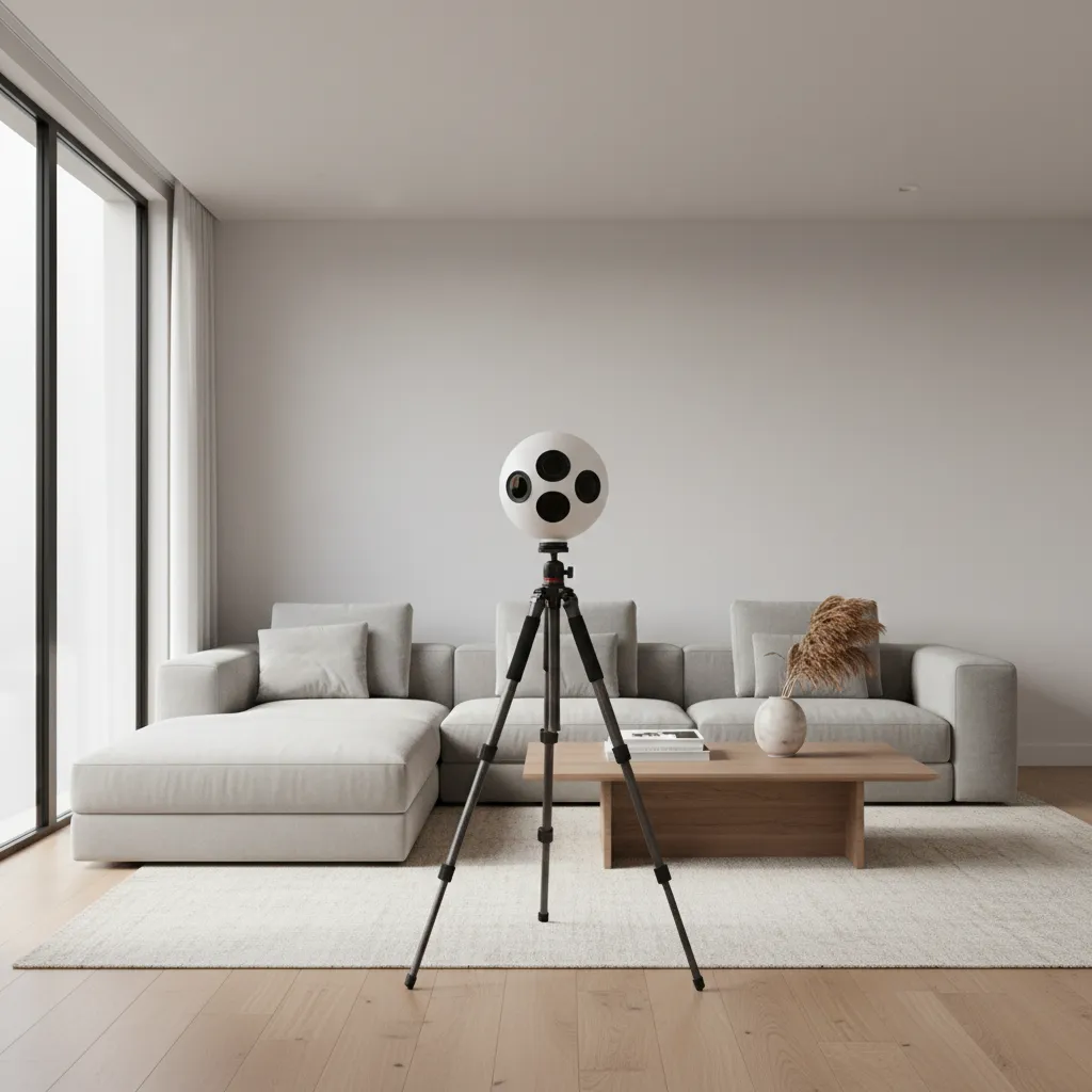 Matterport camera scanning a modern living room interior for spatial capture