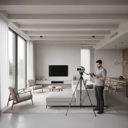 Professional using a tablet and camera on a tripod to scan a modern living room