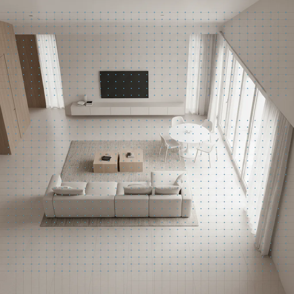 Interior room layout showing ideal Matterport scan spacing between positions